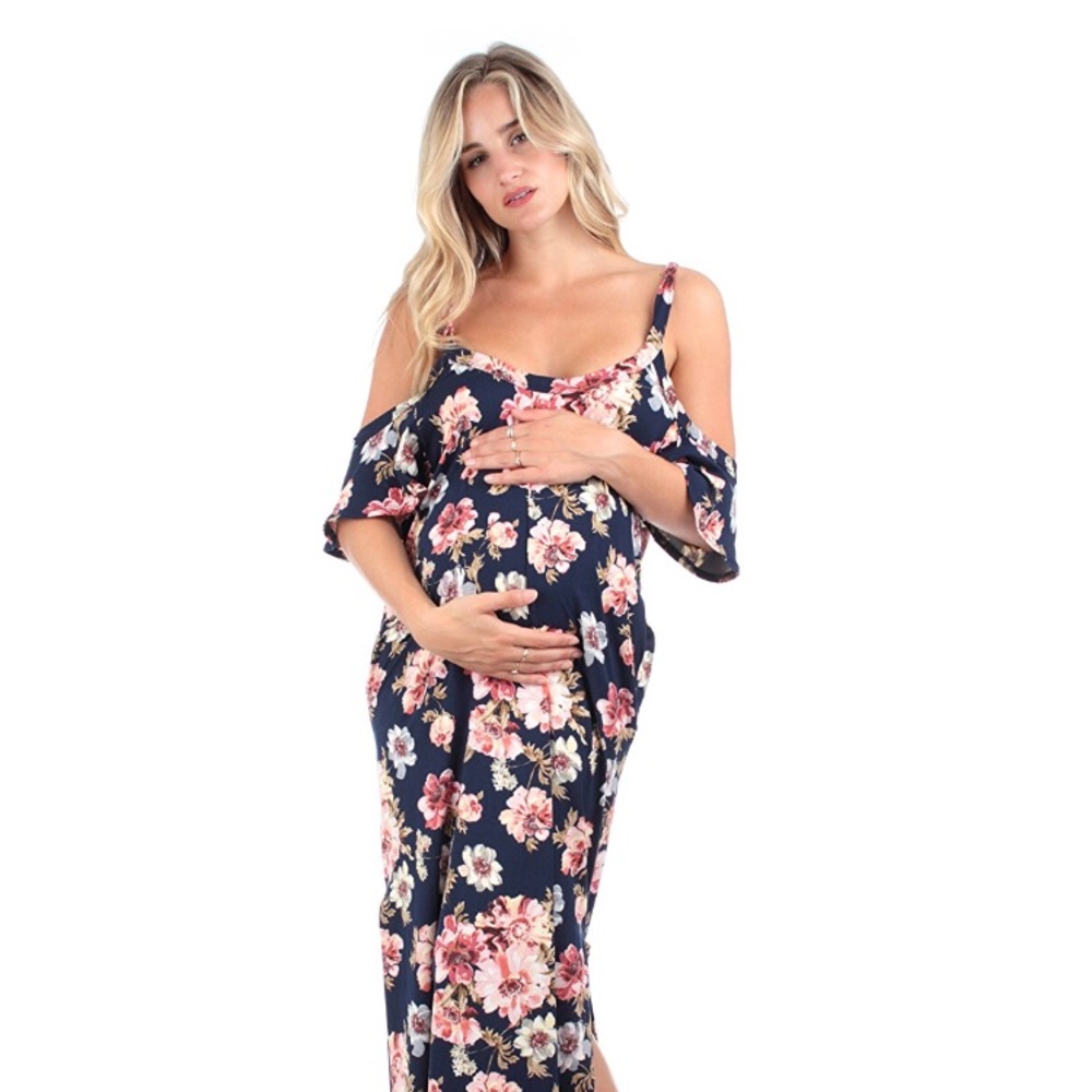 Navy floral Cold Shoulder Maternity Dress